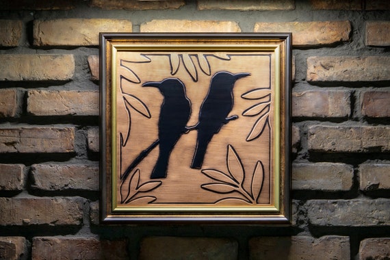 Birds on the branch framed in a beautiful, unique wooden frame. Handmade - 100% Copper and wood