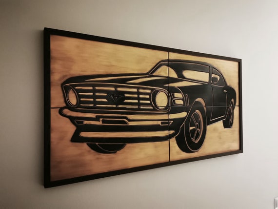 Ford mustang 4 Handmade tiles in a wooden frame - 100% Brass, Copper or Stainless Steel. The perfect decor for Mustang Lovers