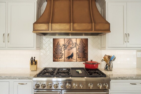 Wolf and Mountain Backsplash – Set of 3 Handmade Metal Tiles – Copper, Brass or Stainless Steel – Rustic Nature Wall Art for Kitchen