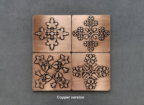 Magnificent patterns - Set of 4 Handmade tiles - 100% Brass, Copper or Stainless Steel
