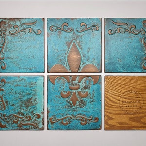 Fleur de lis Set of 6 Handmade tiles 100% Copper, Stainless Steel or Brass zdjęcie 9