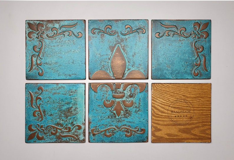 Fleur de lis Set of 6 Handmade tiles 100% Copper, Stainless Steel or Brass zdjęcie 9