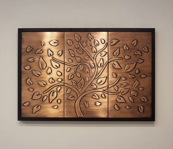 Family Gift – Tree of Life Wall Art in 3 Panels – Handmade Copper Decor for New Home or Housewarming