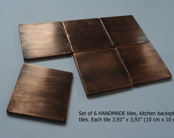 Set of 6 Handmade copper tiles. Perfect for kitchen backsplash, livingroom, fireplace. 100% copper - true metal with patina and wax