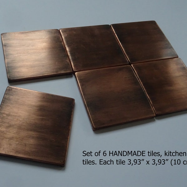 Set of 6 Handmade copper tiles. Perfect for kitchen backsplash, livingroom, fireplace. 100% copper - true metal with patina and wax