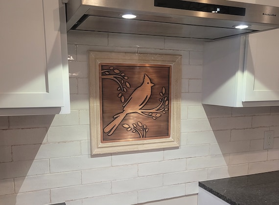Cardinal bird on a branch - Handmade Tile. 100% Copper, Stainless Steel or Brass