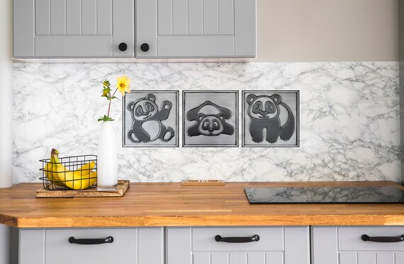 Cute pandas - Set of 3 Handmade tiles,- Copper, Brass or Stainless Steel.