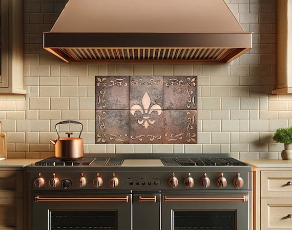 Fleur-de-Lis Copper Backsplash – Handmade Real Metal Tile Set | French Style Kitchen Wall Art | Brass, Steel or Copper | USA Bestseller