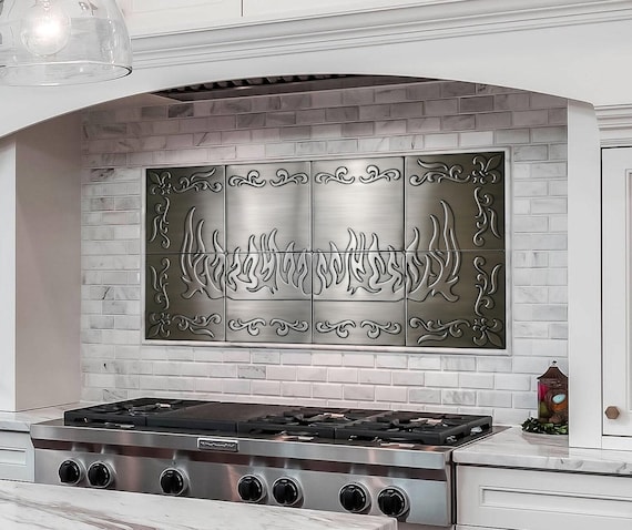 Stainless Steel Flame Backsplash – Handmade Metal Wall Panel for Modern Kitchen or Fireplace | Fire-Inspired Wall Art | 5 Size Options