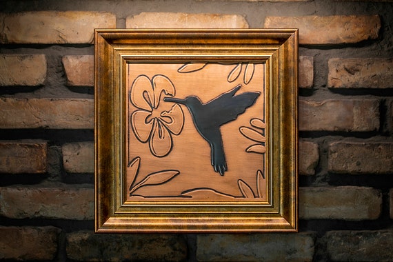 Hummingbird in a beautiful, unique wooden frame. Handmade, 100% Copper