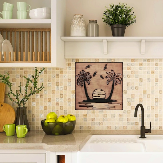 Paradise island - sand, palm trees, seagulls - Handmade Tile. 100% Copper, Stainless Steel or Brass
