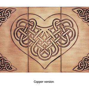 May include: A copper-coloured metal wall art piece featuring a Celtic knot design in the shape of a heart. The design is divided into three sections, each with a unique knot pattern. The piece has a rustic, antique look.