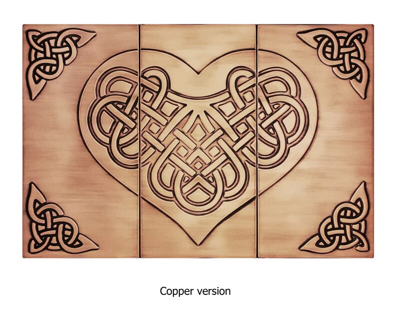 May include: A copper-coloured metal wall art piece featuring a Celtic knot design in the shape of a heart. The design is divided into three sections, each with a unique knot pattern. The piece has a rustic, antique look.