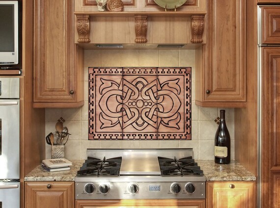 Beautiful, unique celtic backsplash on 3 tiles. Available in 3 sizes. 100% Copper, Stainless Steel or Brass.