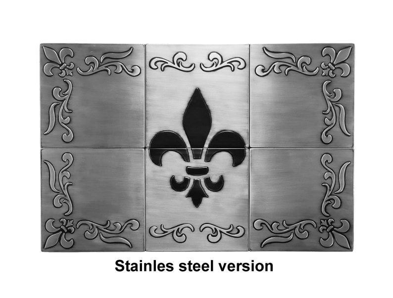 Fleur de lis Set of 6 Handmade tiles 100% Copper, Stainless Steel or Brass Stainless steel