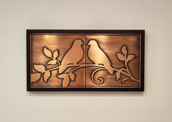 Birds in wooden frame. Set of 2 handmade tiles