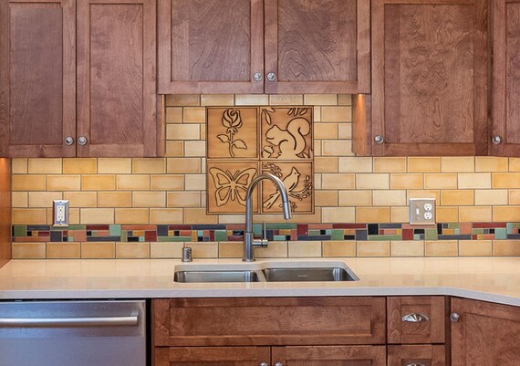 Rose, squirrel, butterfly and bird - Set of 4 Handmade tiles - 100% Brass, Copper or Stainless Steel.