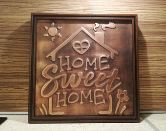 Home Sweet Home, 100% Copper HANDMADE, metal wall ART in WOODEN frame