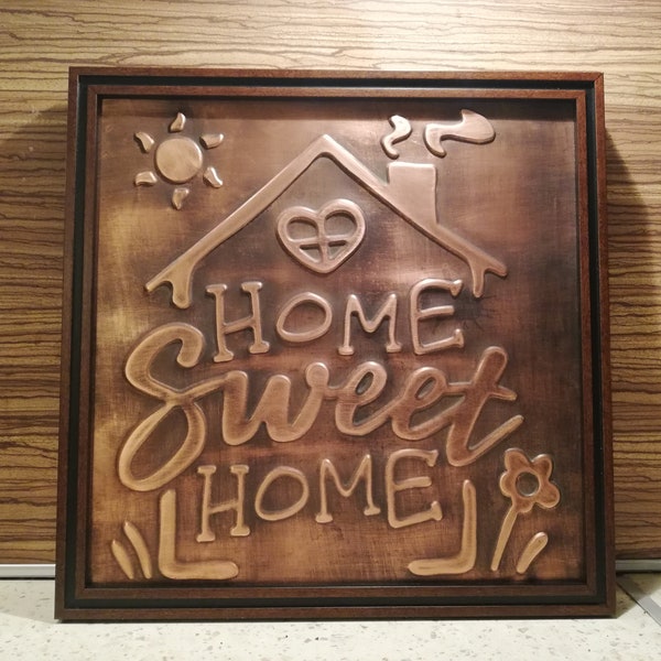 Home Sweet Home,  100% Copper HANDMADE, metal wall ART in WOODEN frame