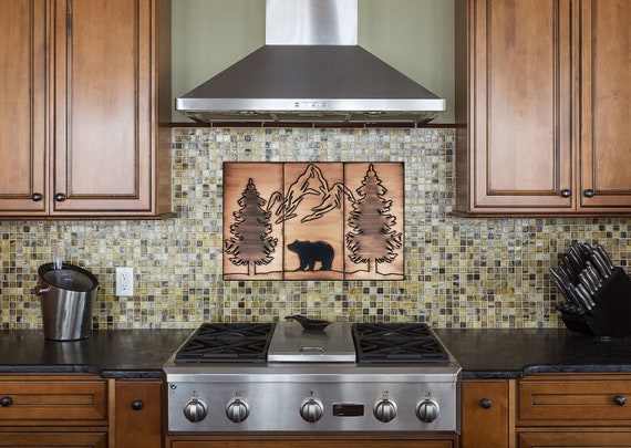 Bear, mountains and two pines - beautiful set of 3 Handmade tiles - 100% Copper, Stainless Steel or Brass.