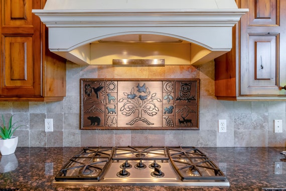 Backsplash with animals and a beautiful tree. Set of 13 Handmade tiles - Brass, Copper or Stainless steel