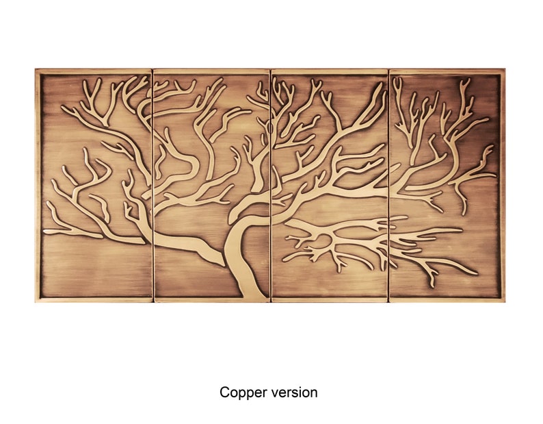 May include: A copper wall art piece featuring a stylized tree with branches extending out in a symmetrical pattern. The tree is embossed on a copper background.