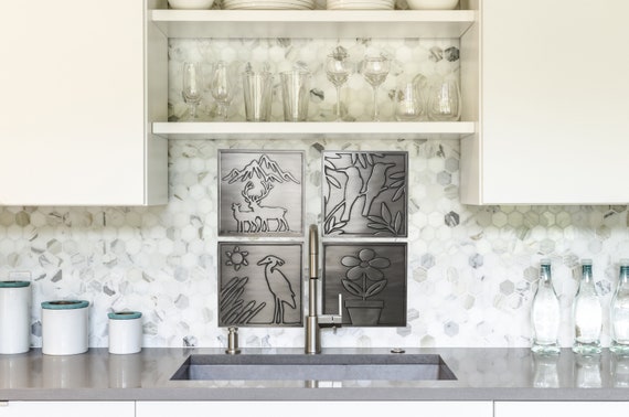 Nature - birds, flower, heron, deer and mountains - Set of 4 Handmade tiles,- Copper, Brass or Stainless Steel