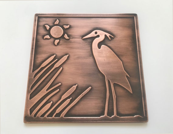 Heron 100% Copper Tile, Handmade metal wall art, wall tile, kitchen tile, rustic, art deco, accent kitchen tile, backsplash