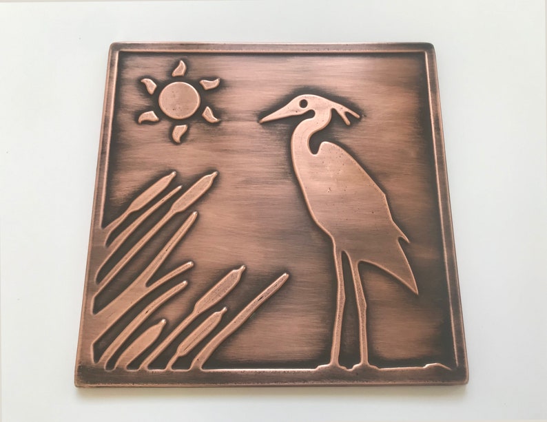 Heron 100 Copper Tile Handmade Metal Wall Art Kitchen Rustic Deco Accent Backsplash