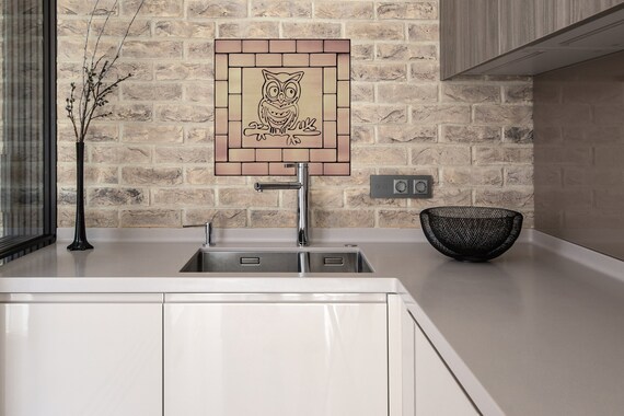 Backsplash with a cute owl - Set of 33 Handmade tiles - 100% Brass, Copper or Stainless Steel. The perfect backsplash for owl lovers.