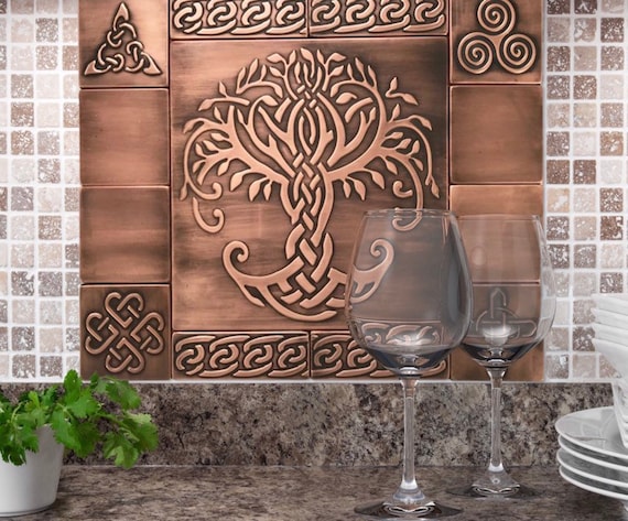 Beautiful Celtic tree of life, Set of 13 Handmade copper tiles, kitchen rustic backsplash tiles