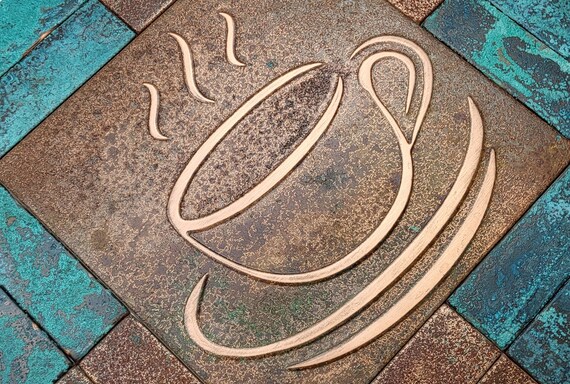 Handmade Copper Coffee Backsplash Tiles – Rustic Patina Wall Art for Kitchen Decor