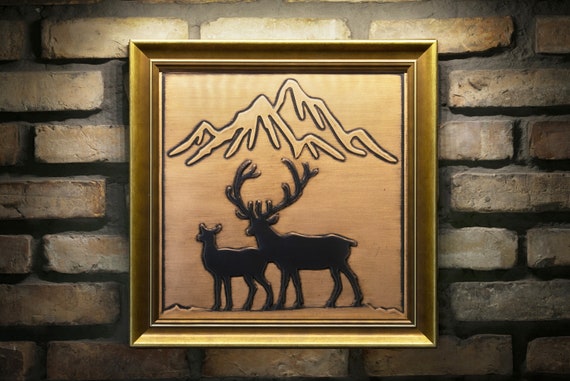 Deer and mountains in a beautiful wooden frame. Handmade, 100% copper and wood