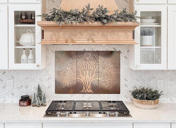 Luxury Copper Tree of Life Tiles – Set of 3 Handmade Backsplash Panels – Art Deco Wall Art for Kitchen or Fireplace
