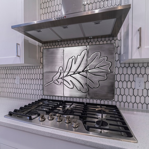 Oak leaf - Set of 6 Handmade tiles - 100% Stainless steel, Copper or Brass