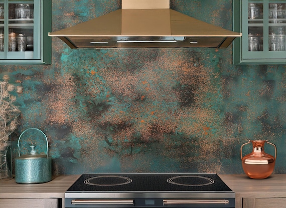 Copper Backsplash Panel – Obsidian Copper Mist – Handmade Metal Wall Art – Modern Rustic Patina Decor – Kitchen, Bar & Living Room Accent