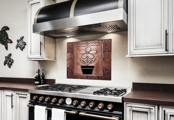 Flower in a pot and butterflies, Set of 17 Handmade tiles - 100% Copper, Stainless Steel or Brass