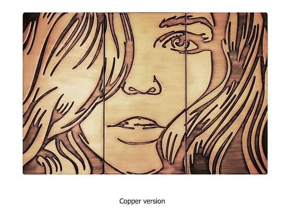 Mysterious woman - Set of 3 Handmade tiles - 100% Copper, Stainless Steel or Brass.