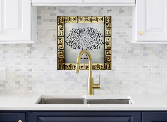 Brass Accented Stainless Steel Tree of Life - Luxury Kitchen Backsplash Tile
