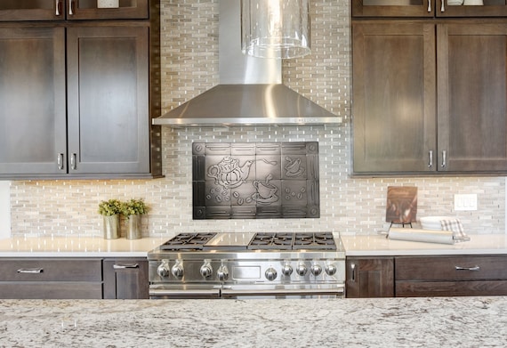 Coffee pot and cups - 24 Handmade 100% Stainless Steel Tiles perfect for kitchen backsplash