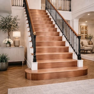 Elegantes contrahuellas de escalera de metal auténtico: hechas a mano en cobre, latón o acero inoxidable, con superficie patinada, detalles decorativos para escaleras y fácil instalación.