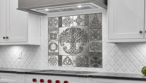 Beautiful, unique celtic backsplash. Set of 21 handmade tiles - 100% Stainless Steel, Copper or Brass
