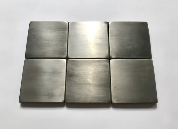 Set of 6 Handmade stainless steel tiles. Perfect for kitchen backsplash, livingroom, fireplace - true metal with patina and wax