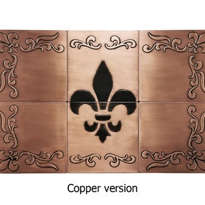 Fleur de lis Set of 6 Handmade tiles 100% Copper, Stainless Steel or Brass Copper