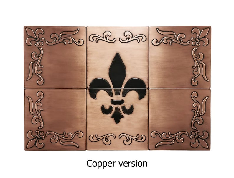 Fleur de lis Set of 6 Handmade tiles 100% Copper, Stainless Steel or Brass Copper