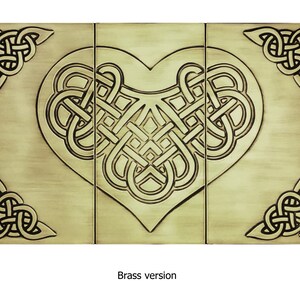 May include: A brass wall art piece featuring a Celtic knot design in the shape of a heart. The design is intricate and detailed, with a golden finish.