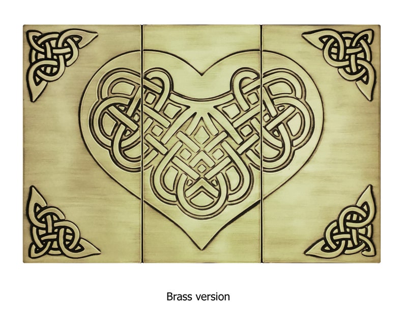 May include: A brass wall art piece featuring a Celtic knot design in the shape of a heart. The design is intricate and detailed, with a golden finish.