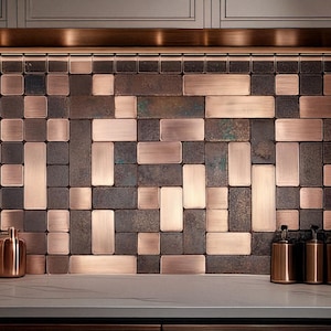 Luxury Copper Wall Tiles – Patina & Brushed Finish – Handcrafted Kitchen Backsplash Set or Fireplace Accent – Artistic Industrial Wall Decor