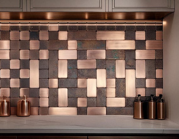 Luxury Copper Wall Tiles – Patina & Brushed Finish – Handcrafted Kitchen Backsplash Set or Fireplace Accent – Artistic Industrial Wall Decor