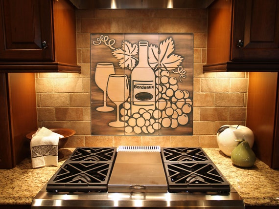 Still life, grapes, wine backsplash - set of 9 handmade tiles - 100% Copper, Stainless Steel or Brass